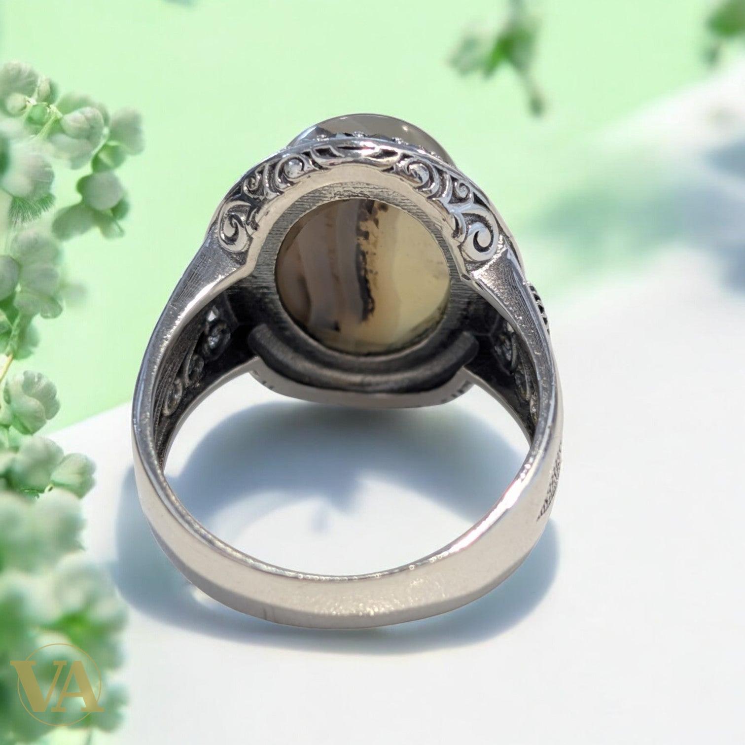 Bague Homme Argent 925 – Agate Naturelle & Marcassite