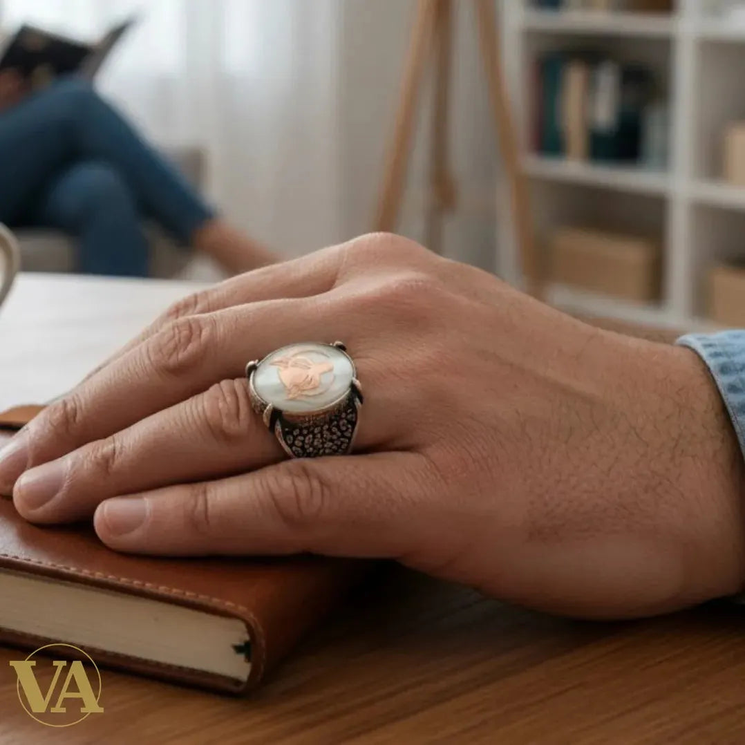 Bague Homme Argent 925 – Nacre et Plaqué Or Rose Motif Loup | Bijoux Vindicta