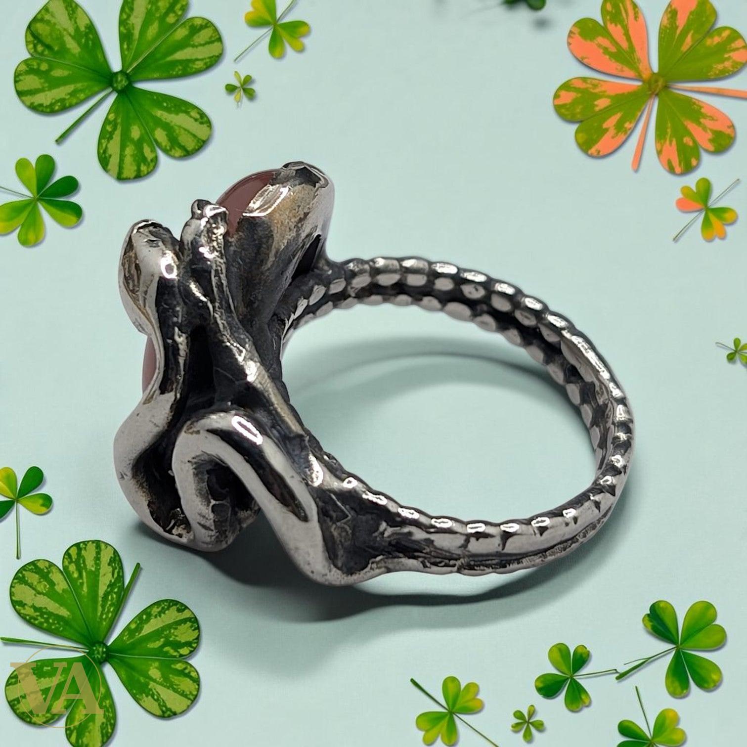 Bague femme argent 925 Quartz Rose cabochon ovale monture Serpent
