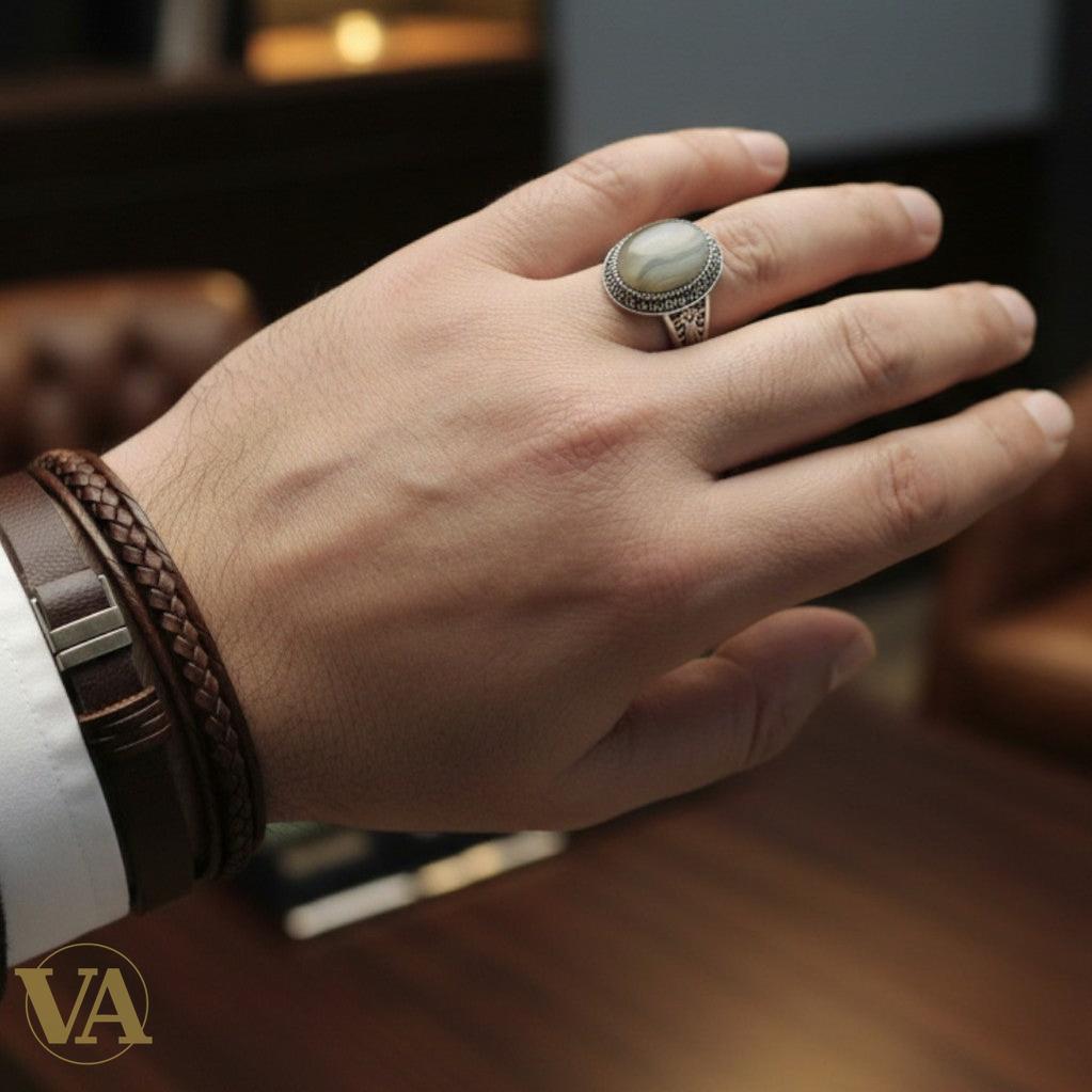 Bague Homme Argent 925 – Agate Naturelle & Marcassite