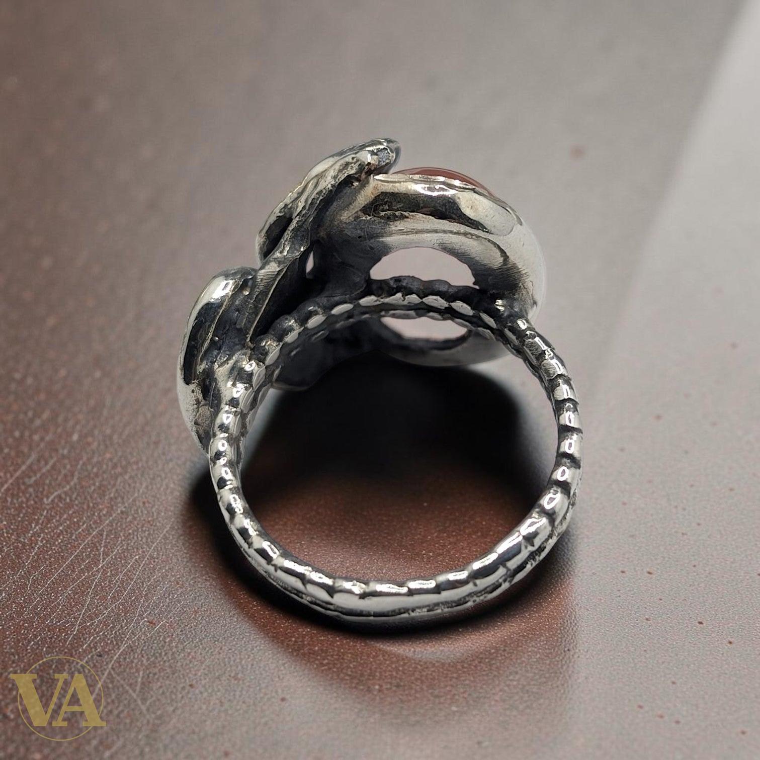 Bague femme argent 925 Quartz Rose cabochon ovale monture Serpent
