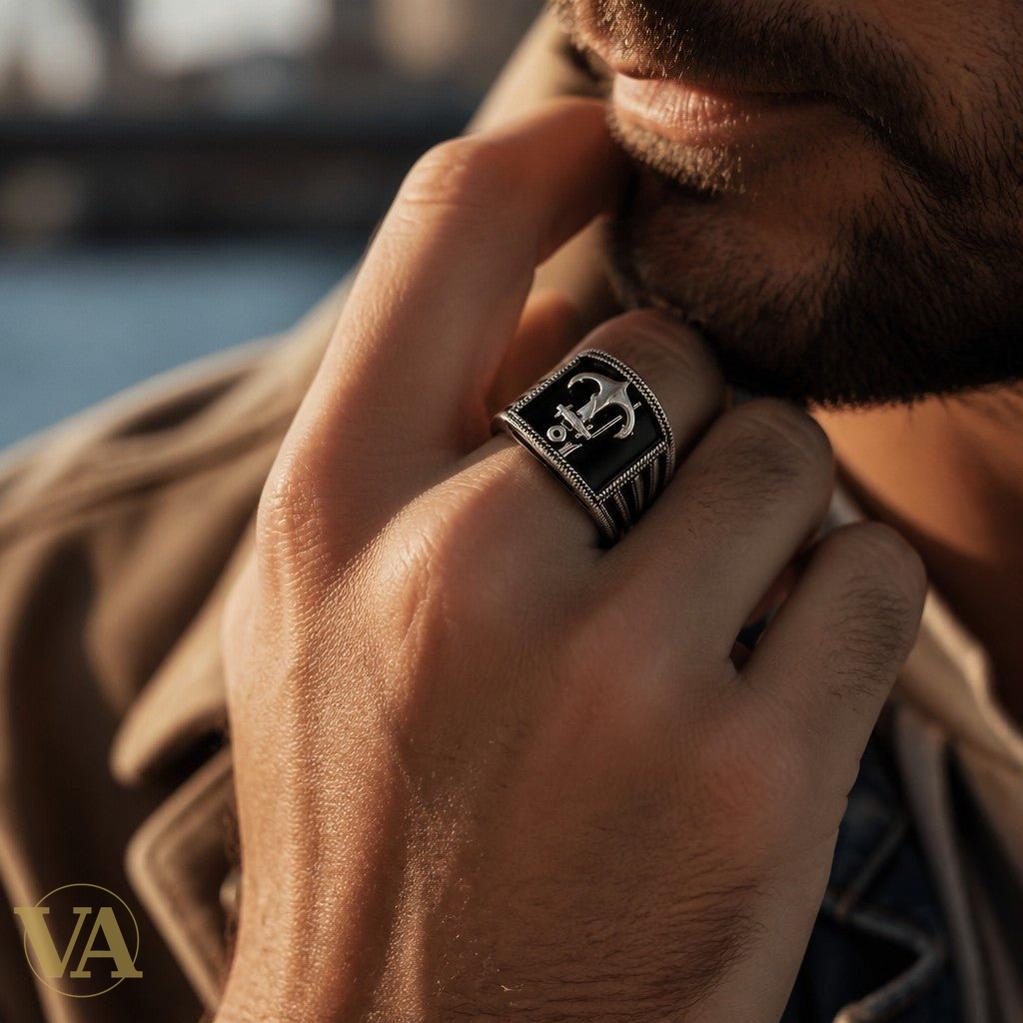 Chevalière Homme Argent 925 Onyx Noir Ancre Marine Tresse Ciselée - Argent 925 - Vindicta
