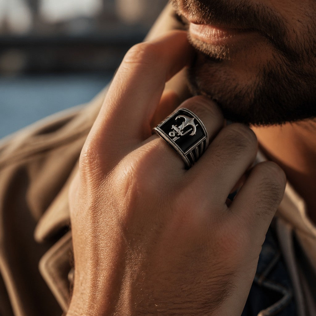 Chevalière Homme Argent 925 Onyx Noir Ancre Marine Tresse Ciselée