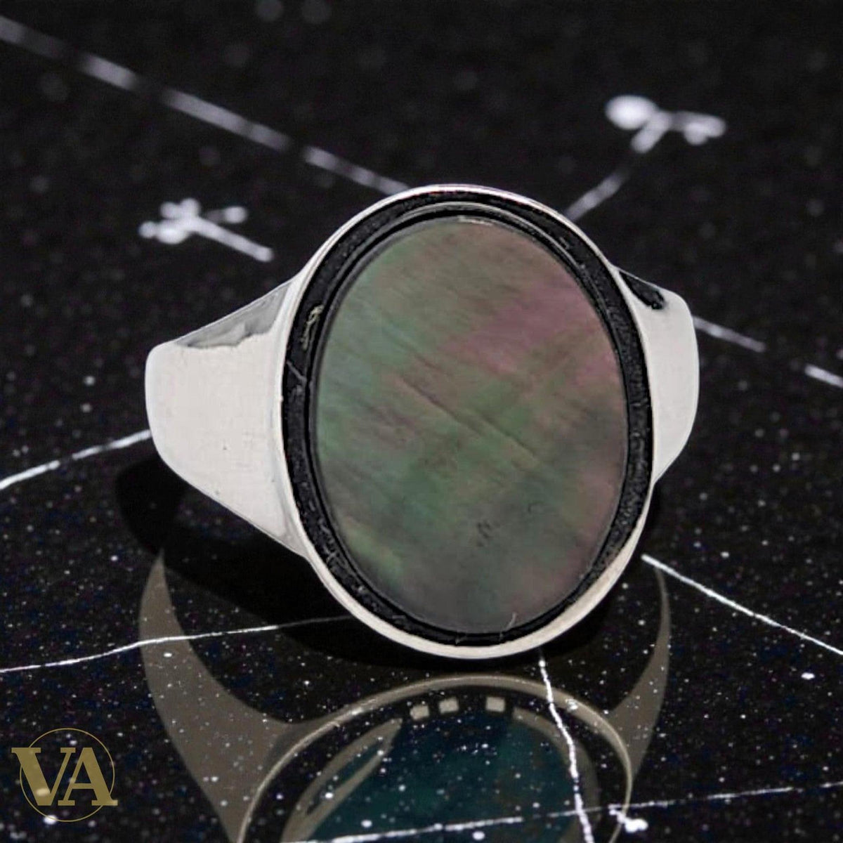 Bague homme argent 925 – Nacre Irisée & Anneau Minimaliste