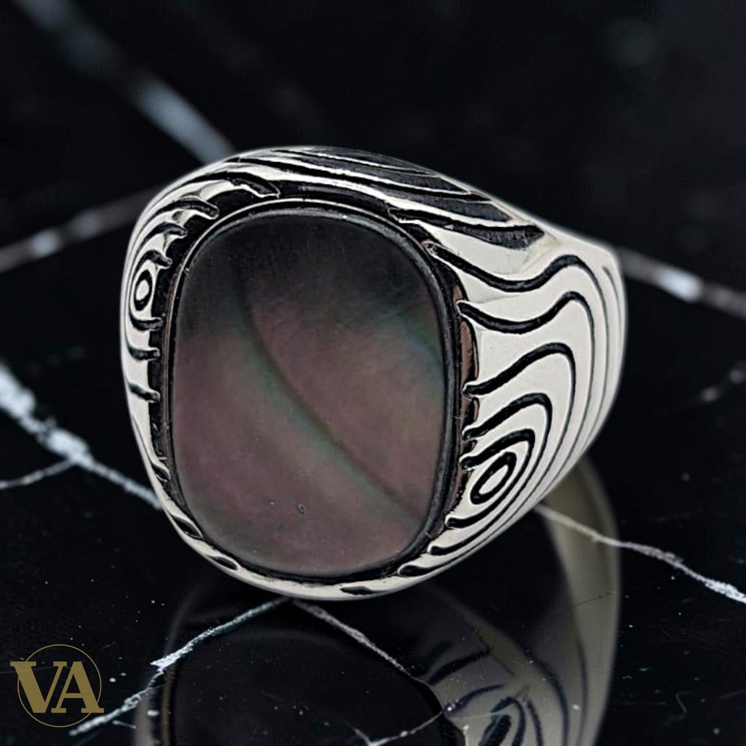 Chevalière Homme Argent 925 & Nacre Noire – Vagues Art Nouveau Ciselées