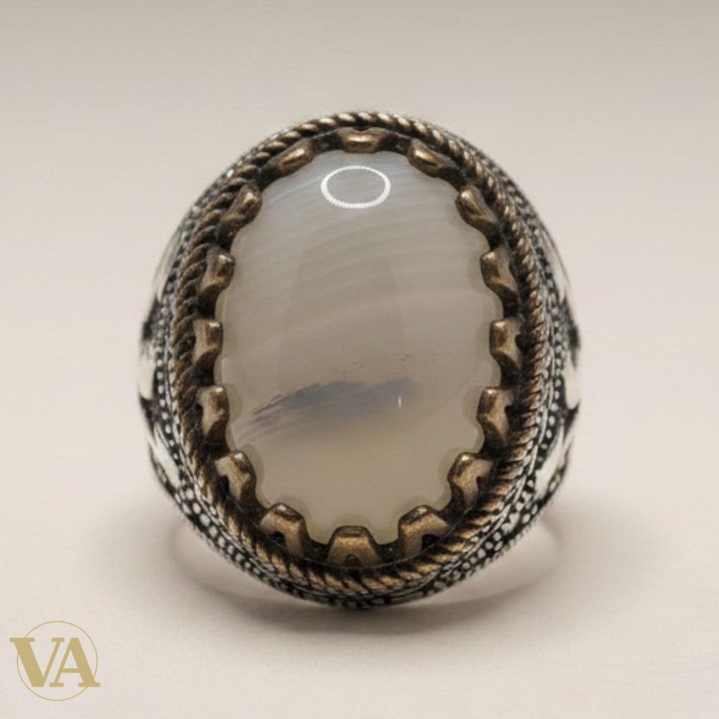 Chevalière Homme Argent 925 Agate Grise Sertissage Griffe Ottoman