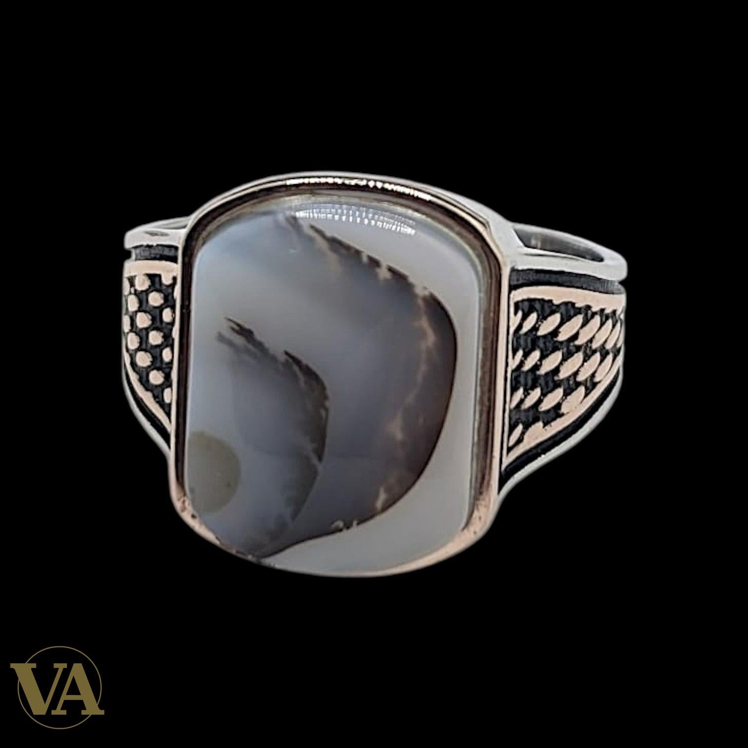 Chevalière Homme Argent 925 Agate Dendritique Motif Écailles