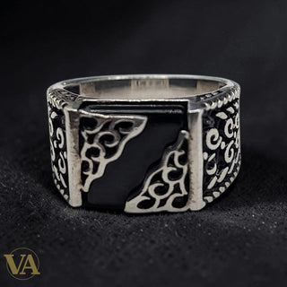 Chevalière Homme Argent 925 Onyx Noir Calligraphie Ajourée Arabesques