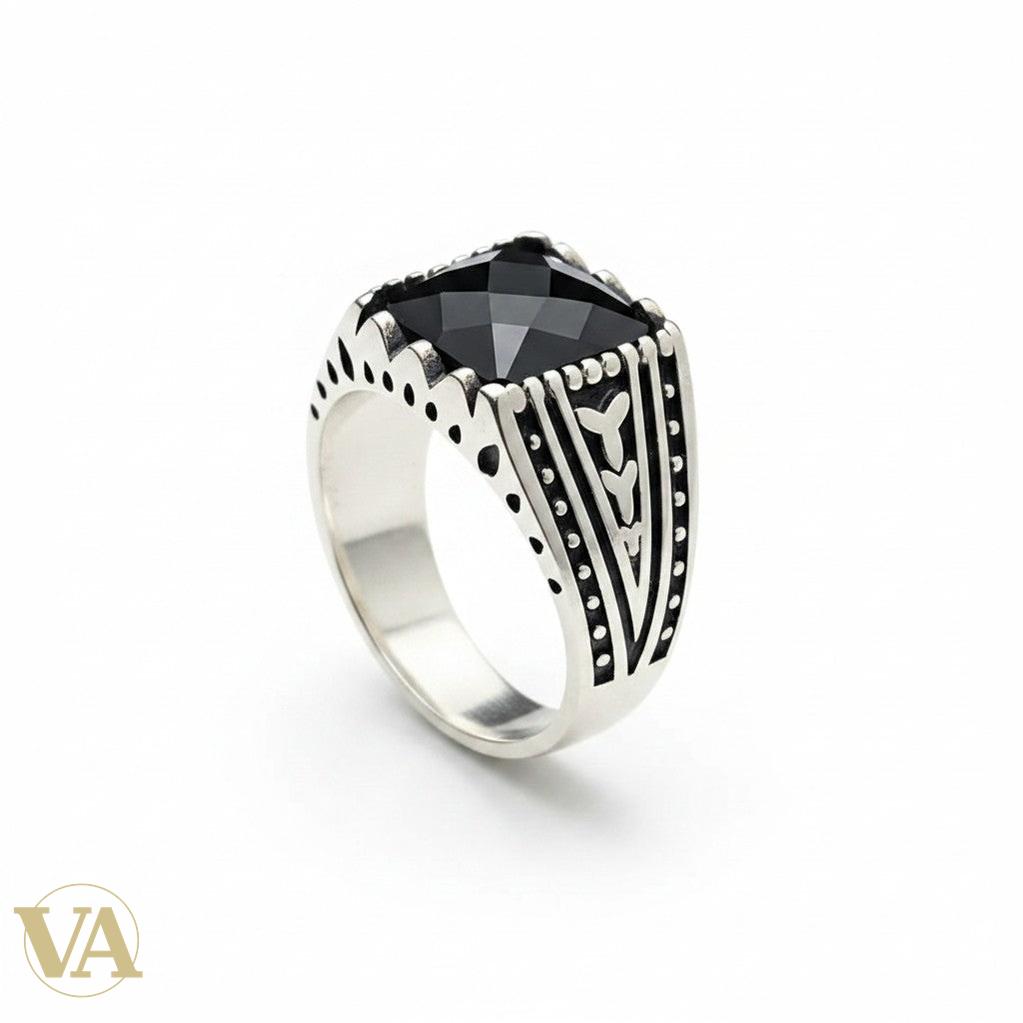 Chevalière Homme Argent 925 Onyx Noir Rectangulaire Flancs Rainurés Flèches Ottoman-Vindicta : Bijoux Argent 925 Massif, Luxe et Héritage