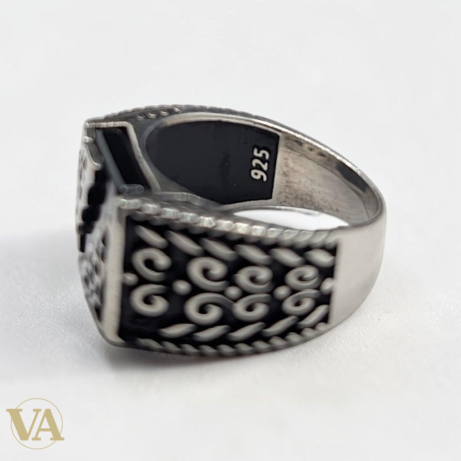 Chevalière Homme Argent 925 Onyx Noir Calligraphie Ajourée Arabesques - Argent 925 - Vindicta