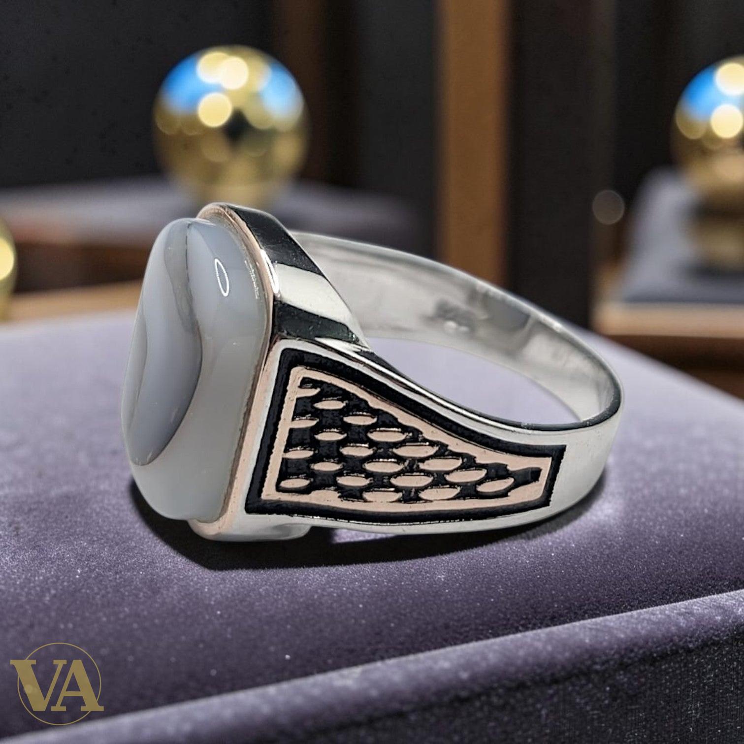 Chevalière Homme Argent 925 Agate Dendritique Motif Écailles