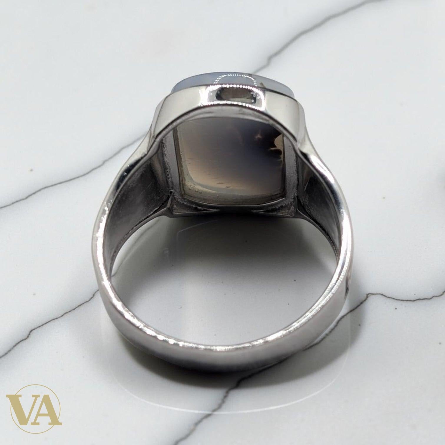Chevalière Homme Argent 925 Agate Dendritique Motif Écailles