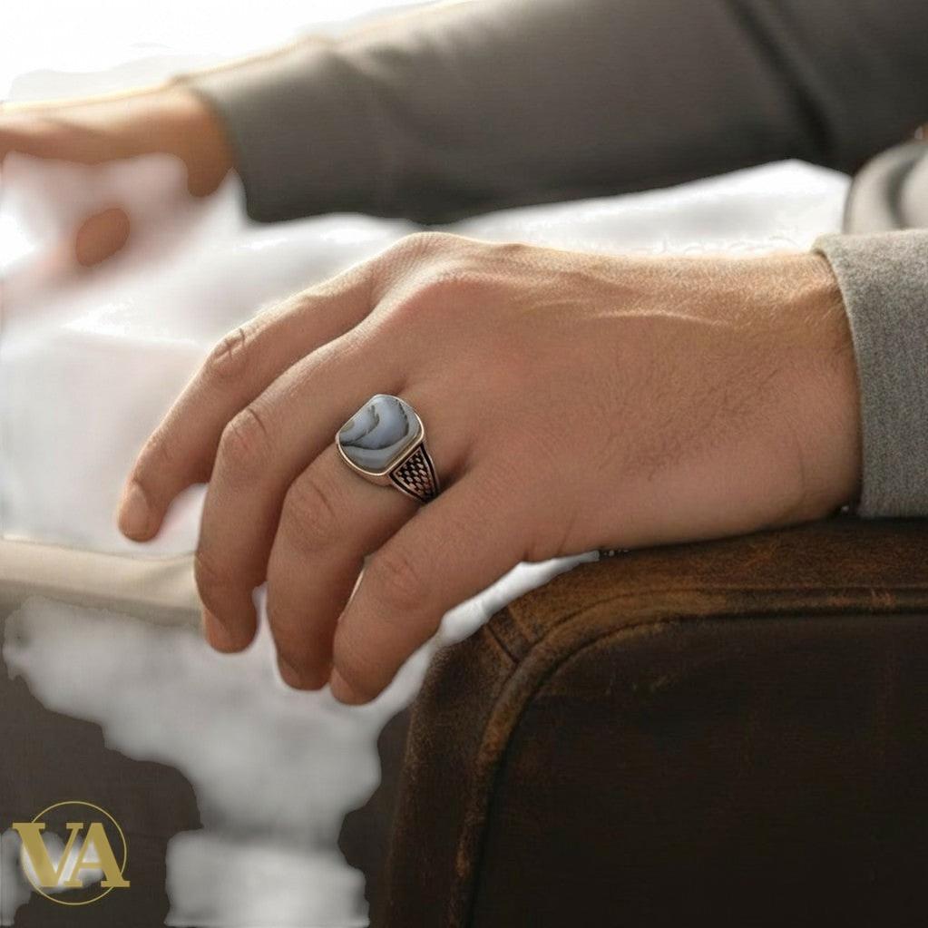 Chevalière Homme Argent 925 Agate Dendritique Motif Écailles