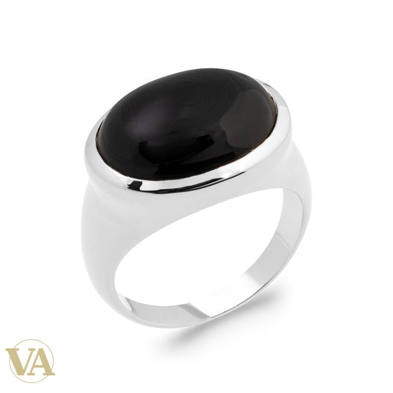 Bague femme argent 925 rhodié — Agate Noire Ovale et Monture Lisse — détail