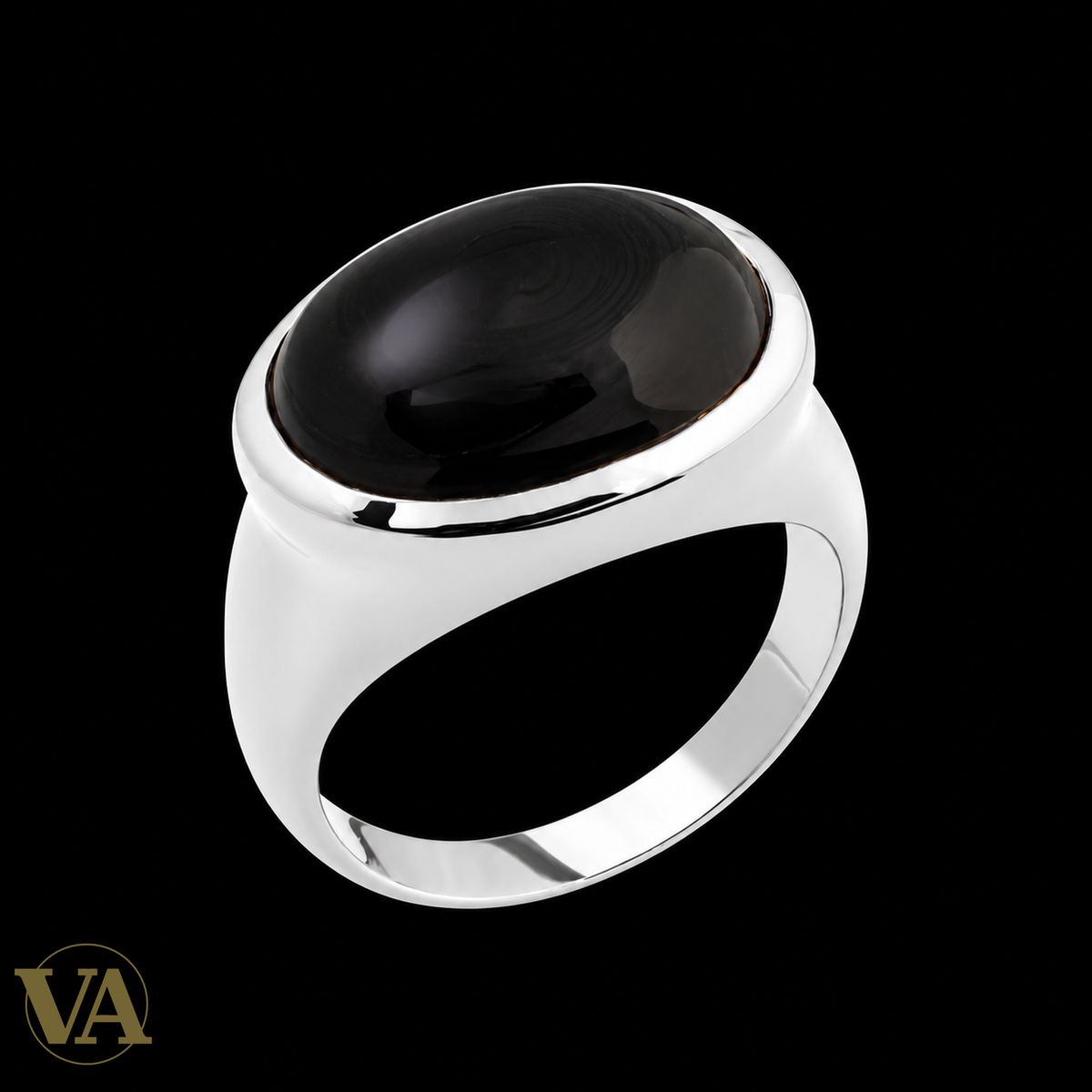 Bague femme argent 925 rhodié — Agate Noire Ovale et Monture Lisse — fond noir