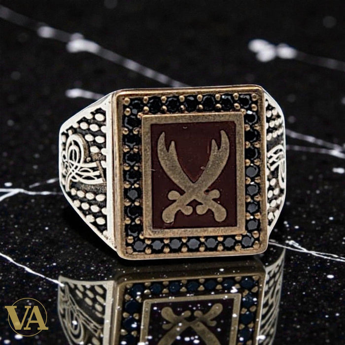 Bague homme argent 925 – Sabres Croisés Cornaline & Zirconiums