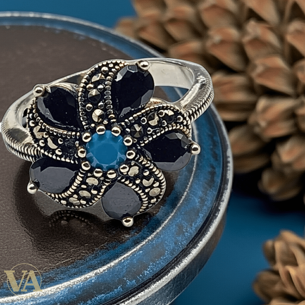 Bague Femme Fleur Argent 925 – Onyx noir & Turquoise - Argent 925 - Vindicta