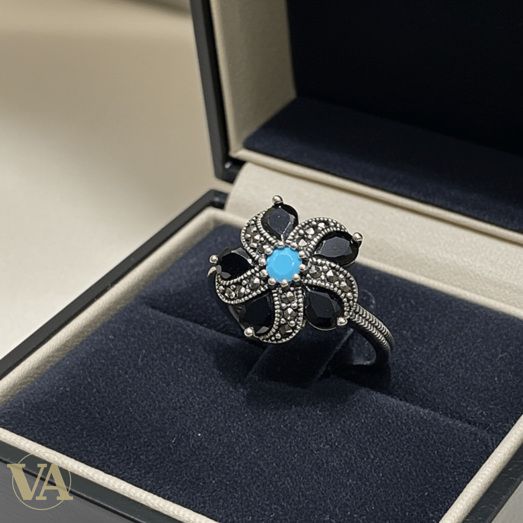 Bague Femme Fleur Argent 925 – Onyx noir & Turquoise - Argent 925 - Vindicta