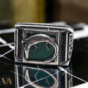 Men's Signet Ring Sterling Silver Green Aventurine Crocodile Relief Greek Pattern