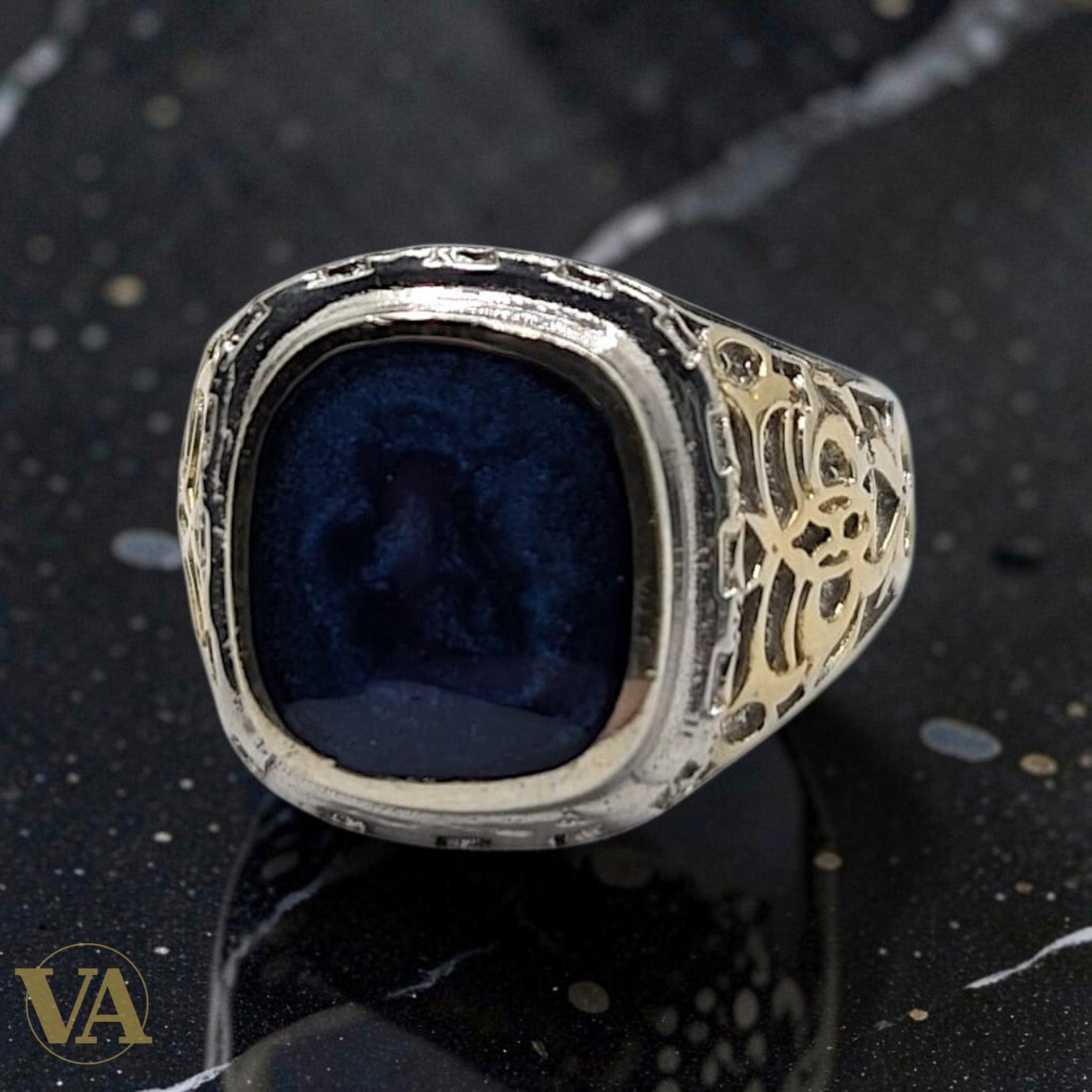 Chevalière Homme Argent 925 Pierre Bleue Flancs Plaqués Or Arabesques