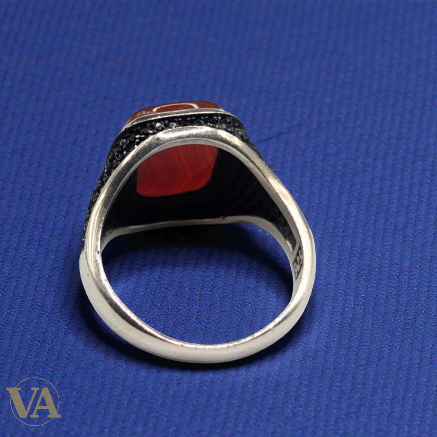 Bague Homme Argent 925 Cornaline – Plateau Carré & Marcassites Ottoman | Bijoux Vindicta
