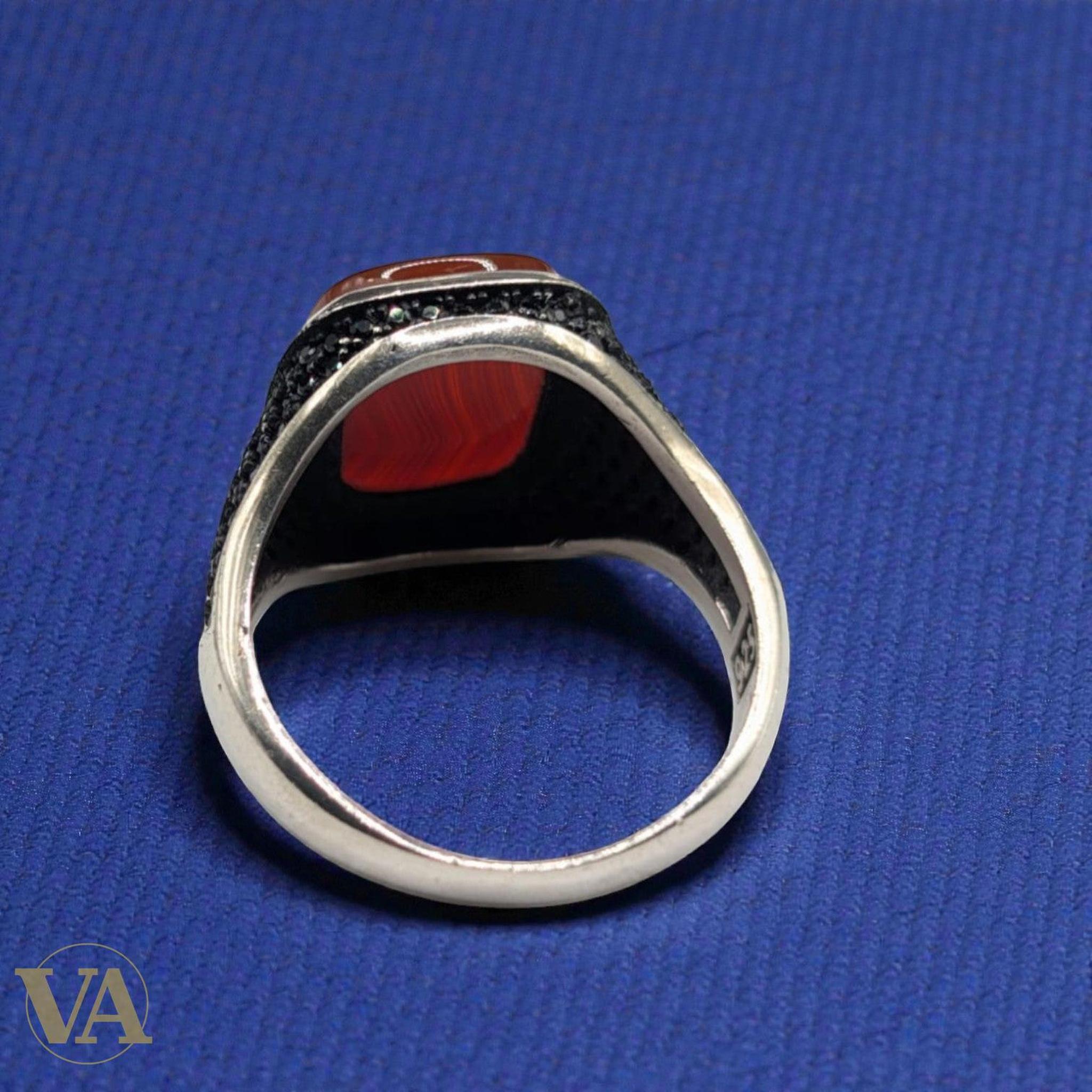Bague Homme Argent 925 Cornaline – Plateau Carré & Marcassites Ottoman - Argent 925 - Vindicta