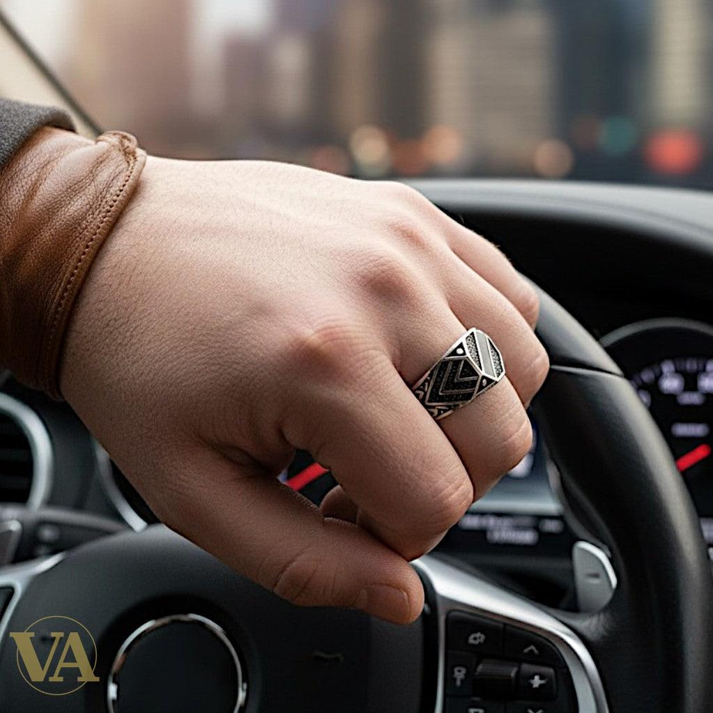 Bague homme argent 925 – Onyx Baguette & Pavé Géométrique Art Déco | Bijoux Vindicta