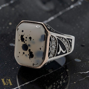 Men's Sterling Silver 925 Octagonal Dendritic Agate Zircons Ring