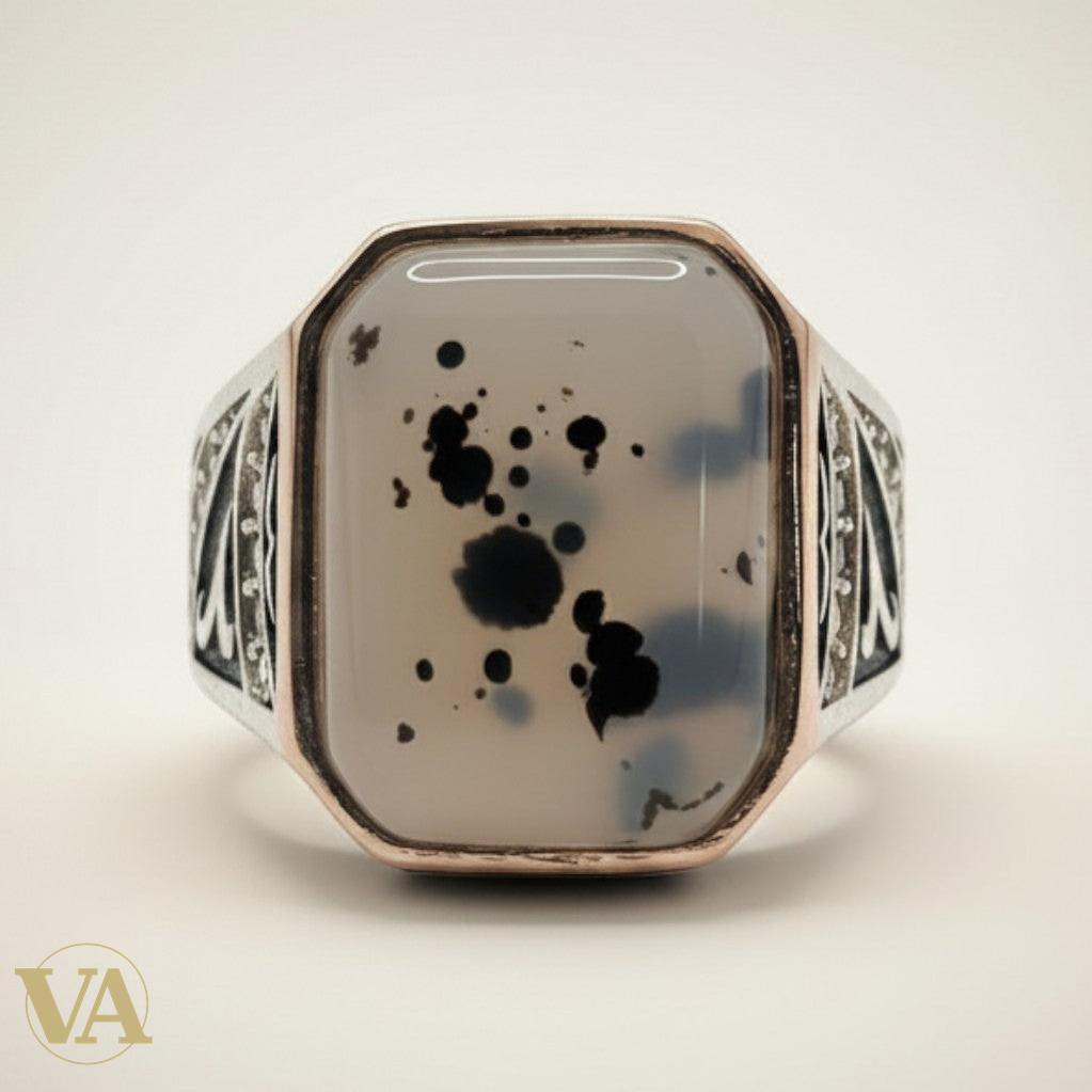 Chevalière Homme Argent 925 Agate Dendritique Octogonale Zircons