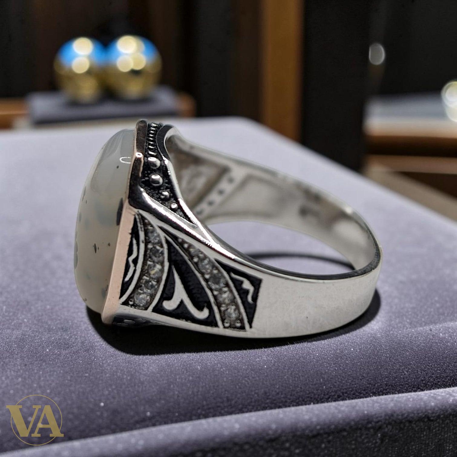 Chevalière Homme Argent 925 Agate Dendritique Octogonale Zircons