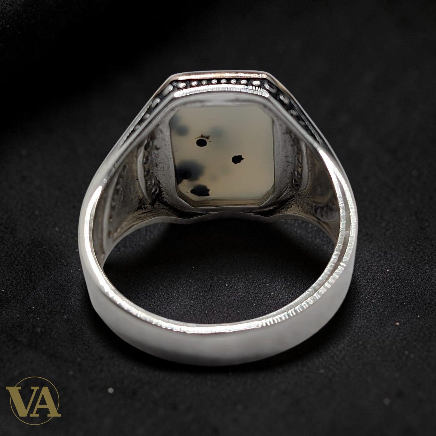 Chevalière Homme Argent 925 Agate Dendritique Octogonale Zircons
