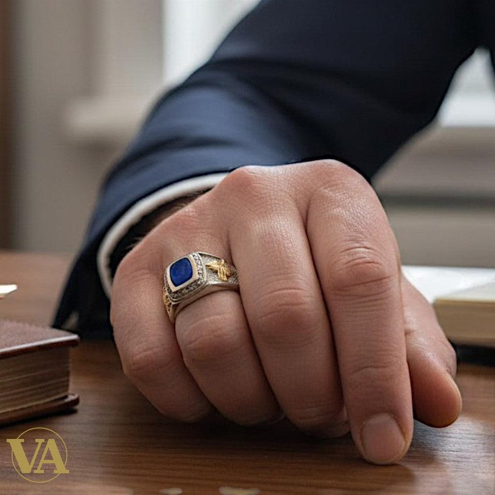 Bague homme argent 925 – Agate Bleue & Aigle Bicéphale Doré | Bijoux Vindicta