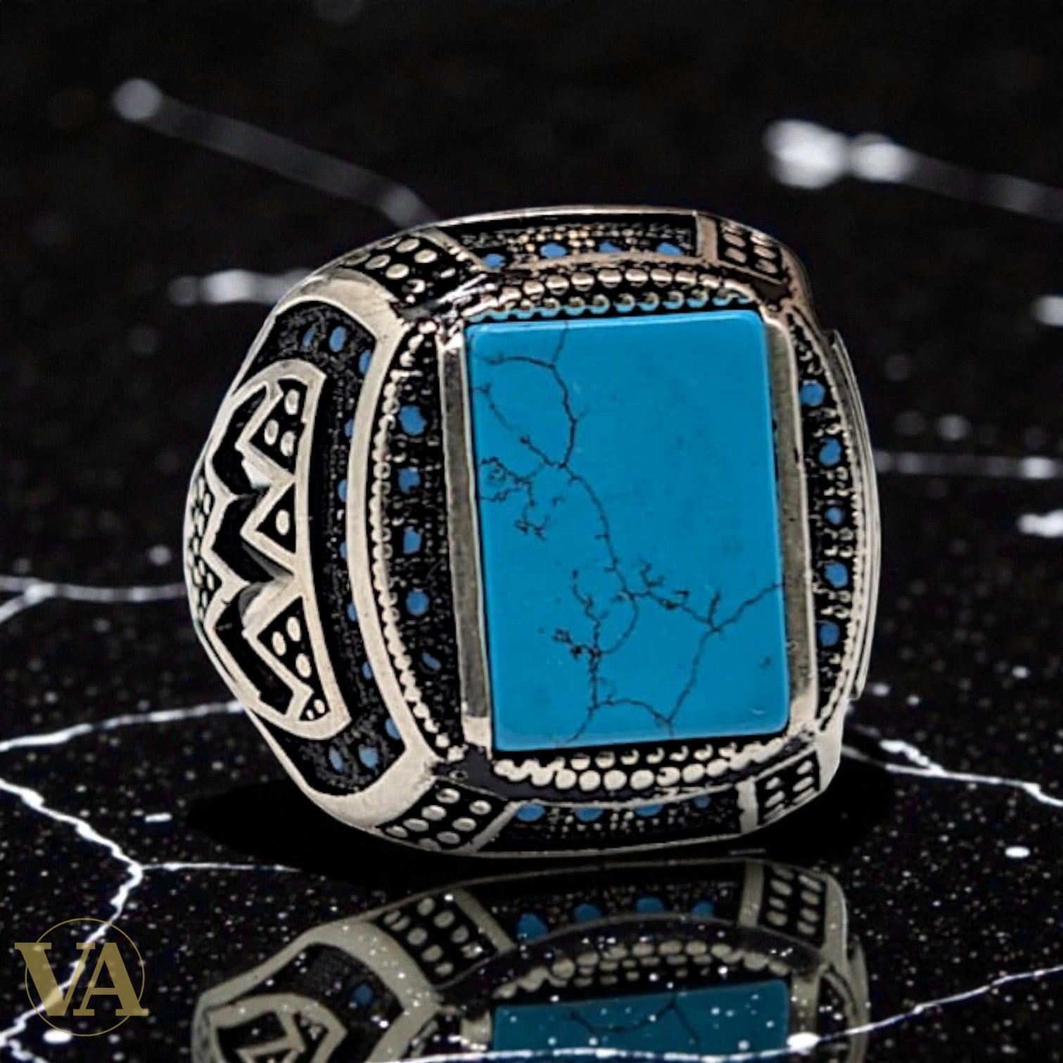 Bague homme argent 925 – Turquoise & Marcassite Motifs Tribaux
