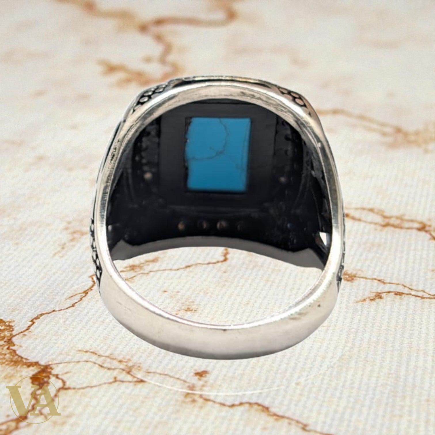 Bague homme argent 925 – Turquoise & Marcassite Motifs Tribaux | Bijoux Vindicta