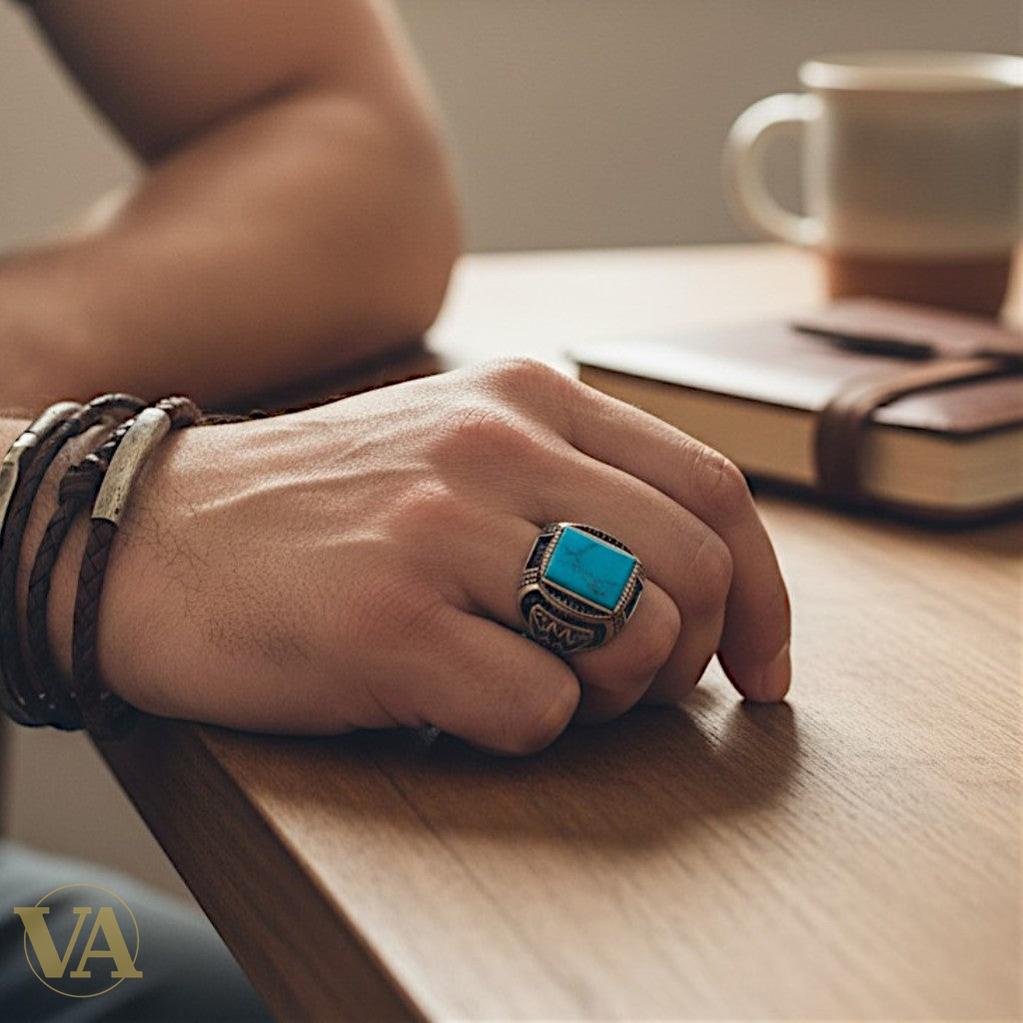 Bague homme argent 925 – Turquoise & Marcassite Motifs Tribaux