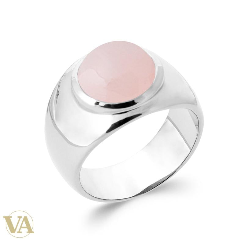Bague femme argent 925 rhodié — Quartz Rose Rond et Large Monture Polie — détail