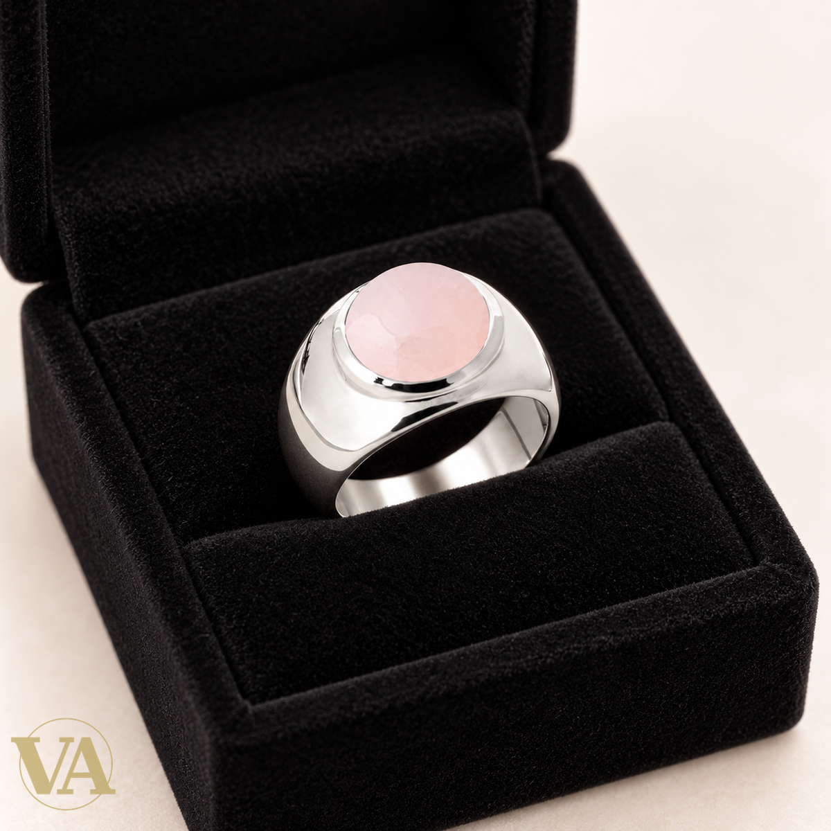 Bague femme argent 925 rhodié — Quartz Rose Rond et Large Monture Polie — écrin
