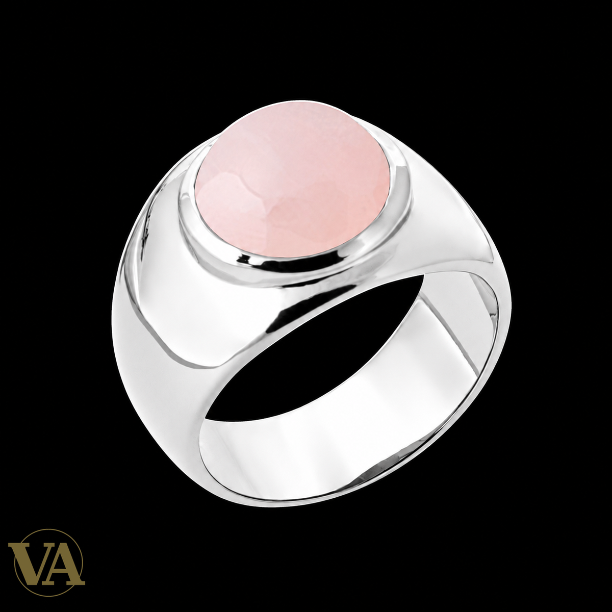 Bague femme argent 925 rhodié — Quartz Rose Rond et Large Monture Polie — fond noir