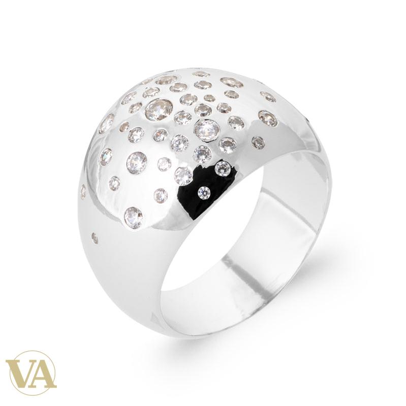 Bague femme argent 925 rhodié — Dôme Poli et Zirconiums Étoilés — détail