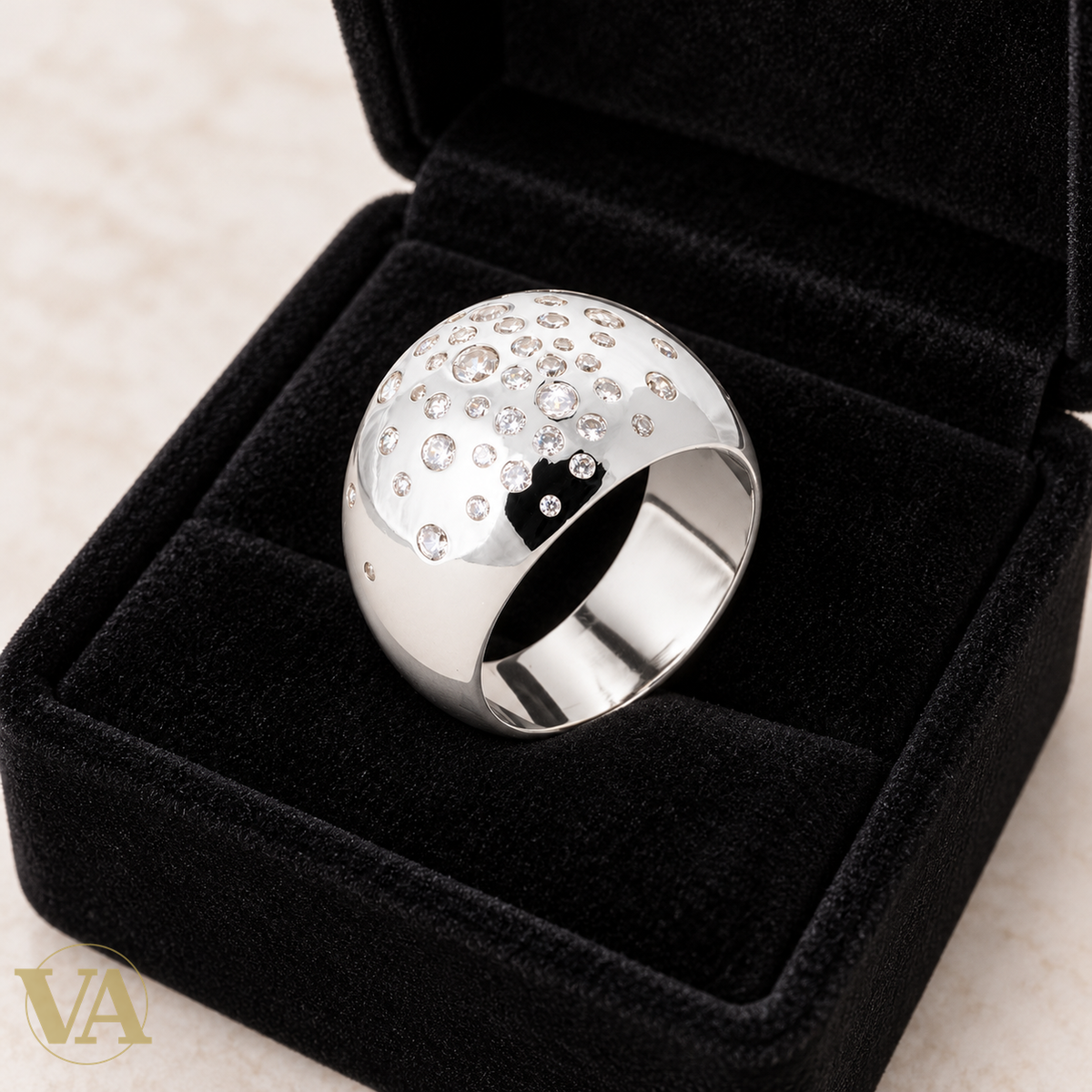 Bague femme argent 925 rhodié — Dôme Poli et Zirconiums Étoilés — écrin
