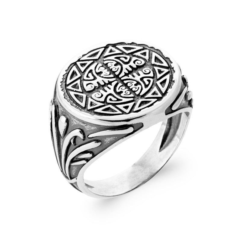 Chevalière Homme Argent 925 – Volutes et Bordure de Triangles – vue de détail