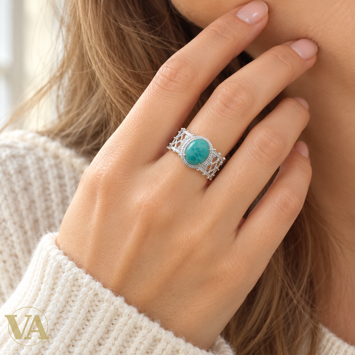 Bague femme argent 925 rhodié — Amazonite Ovale et Dentelle Ajourée — main claire