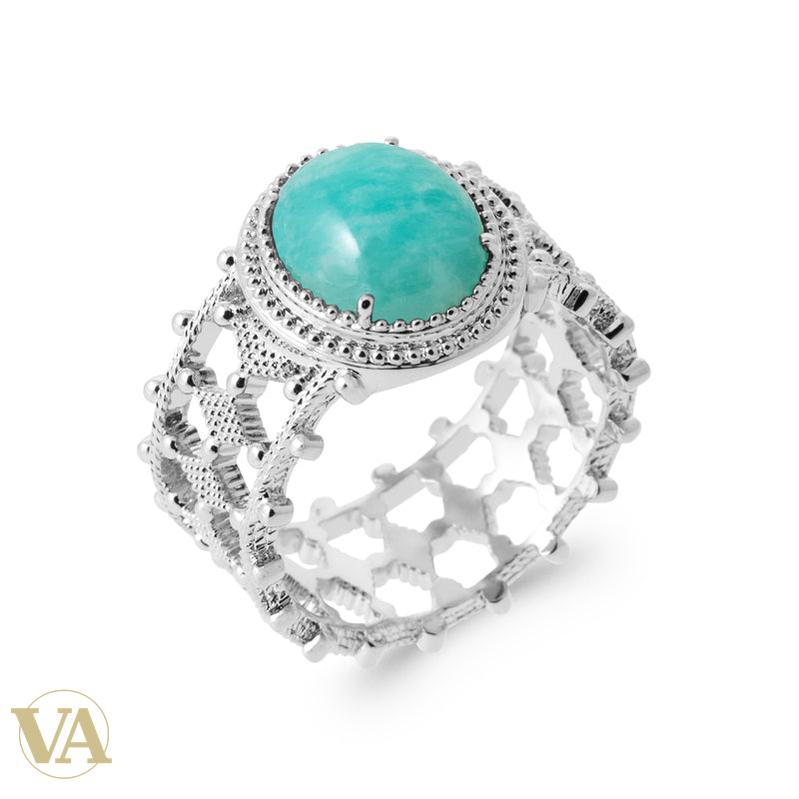 Bague femme argent 925 rhodié — Amazonite Ovale et Dentelle Ajourée — détail