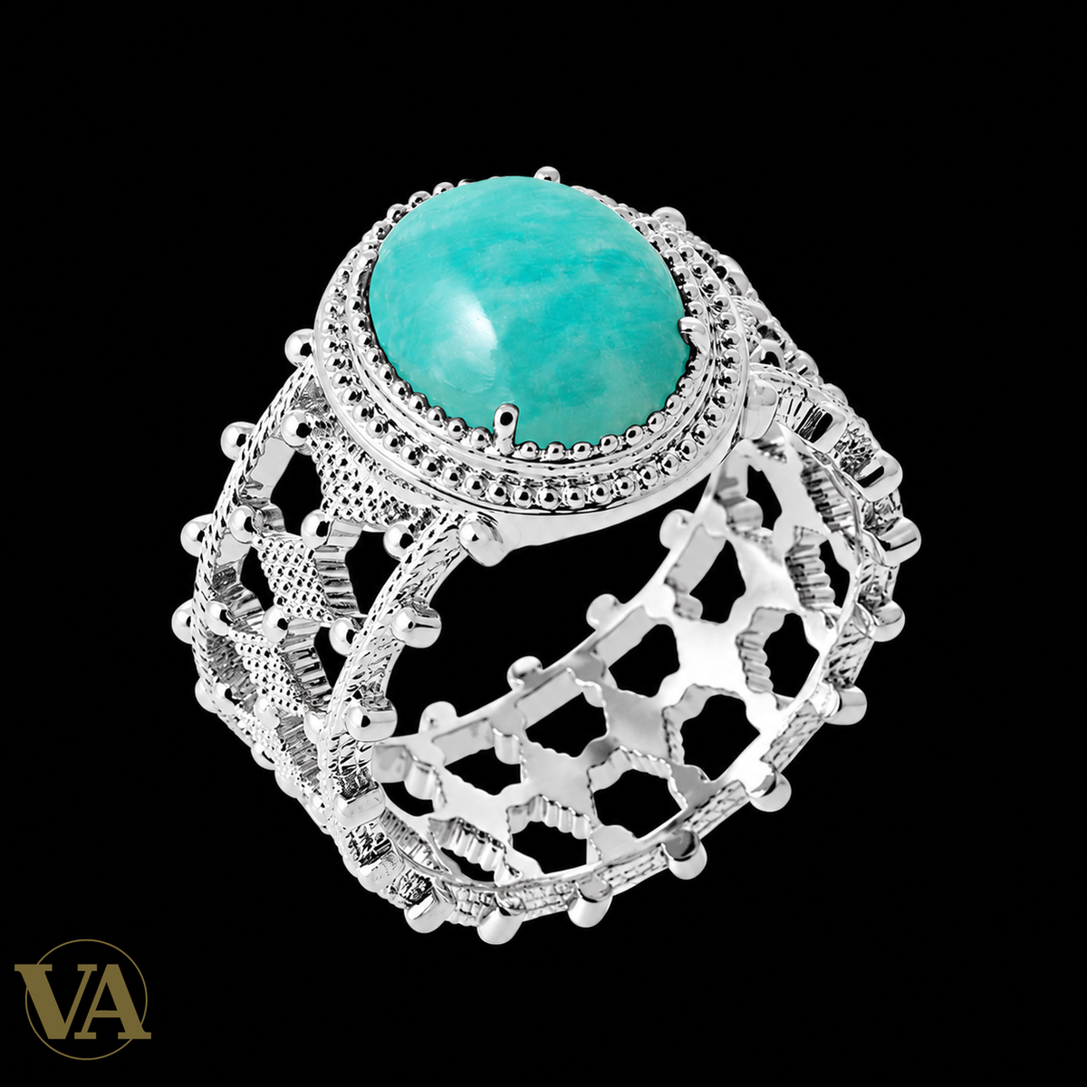 Bague femme argent 925 rhodié — Amazonite Ovale et Dentelle Ajourée — fond noir