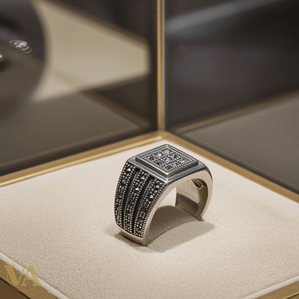 Bague Homme Argent 925 – Motif carré géométrique & marcassites serties - Argent 925 - Vindicta