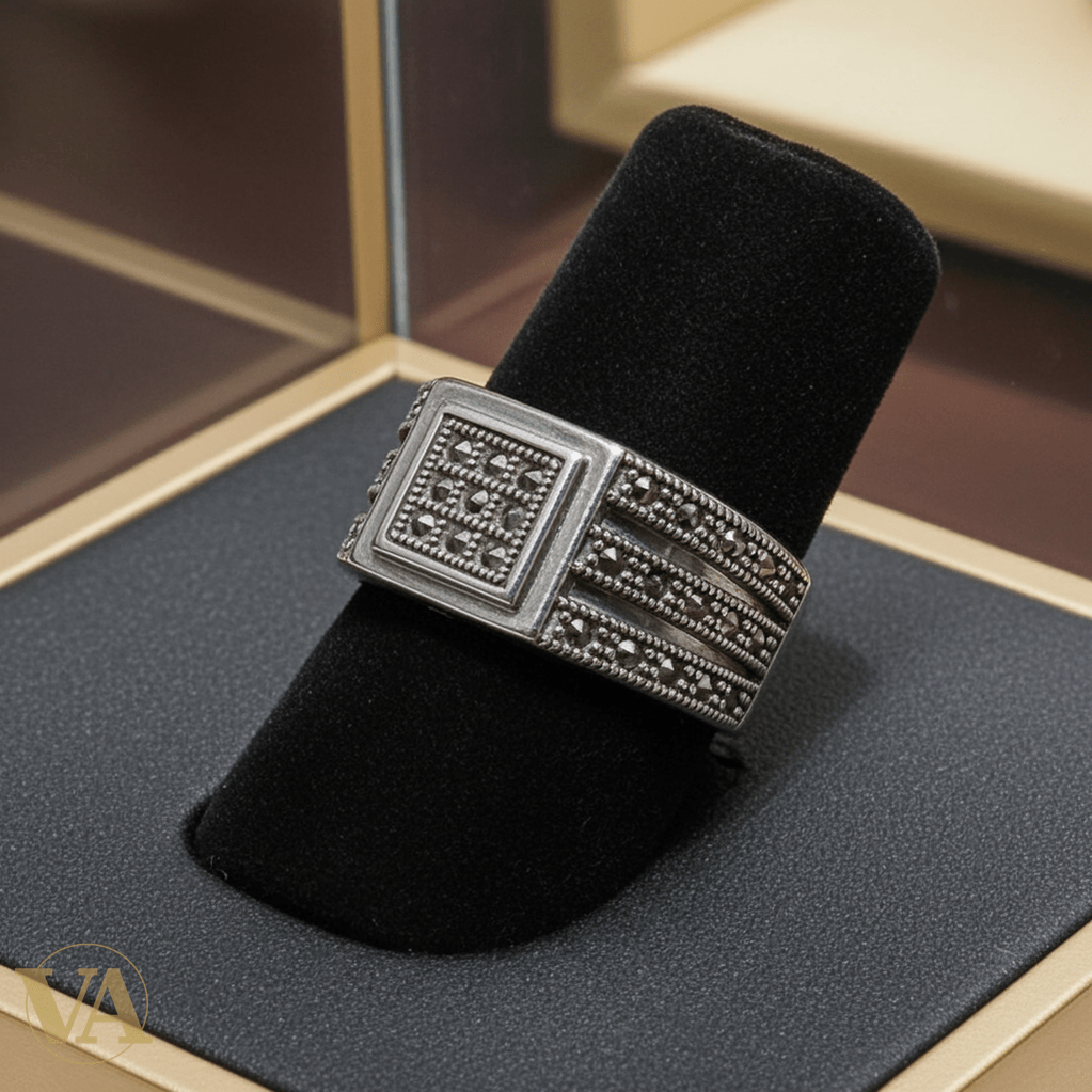 Bague Homme Argent 925 – Motif carré géométrique & marcassites serties - Argent 925 - Vindicta