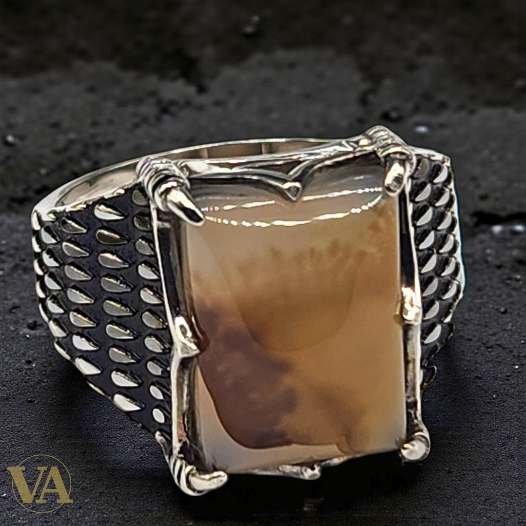 Bague Homme en Argent 925 & Agate Naturelle – Griffes Sculptées
