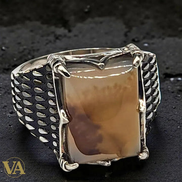 Bague Homme en Argent 925 & Agate Naturelle – Griffes Sculptées