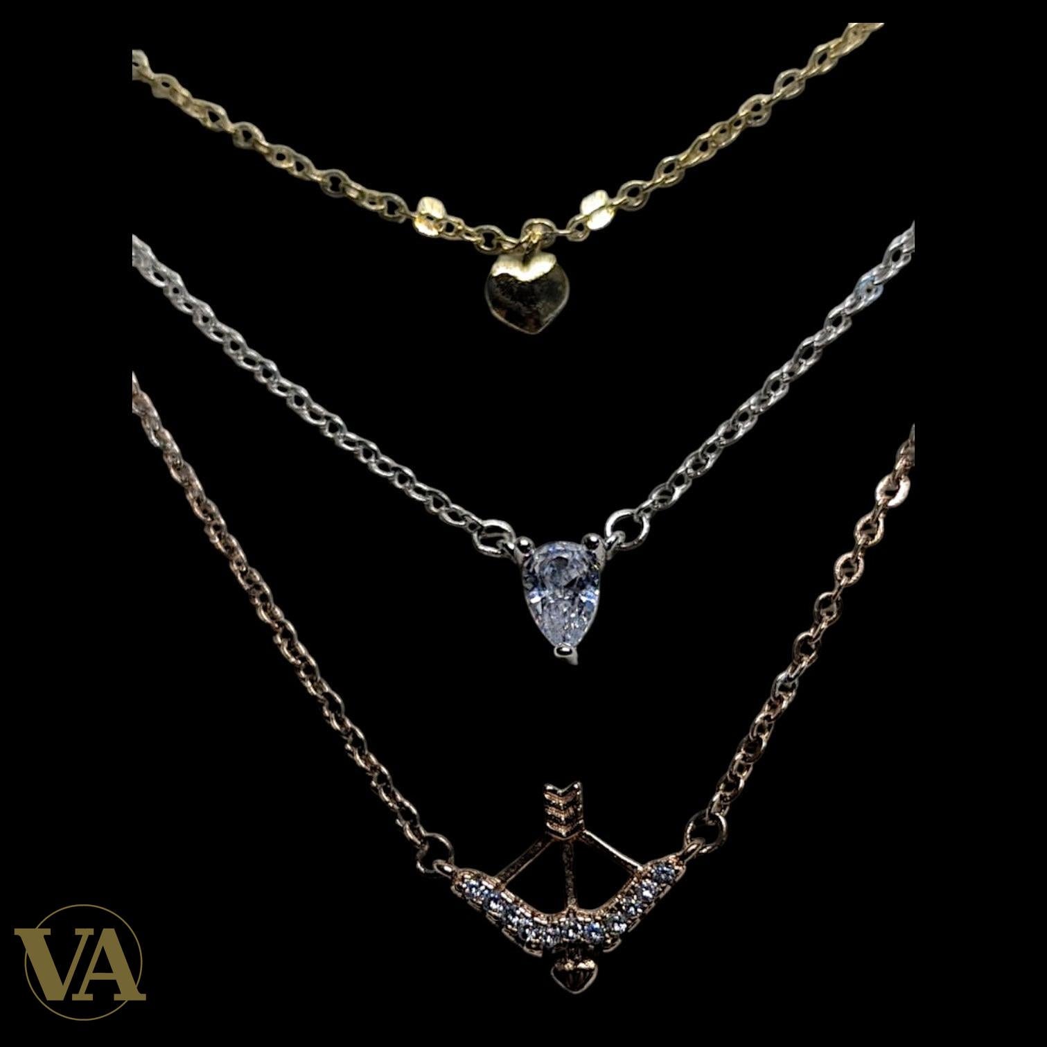 Set 3 Colliers Femme Argent 925 à Superposer — Cœur, Zircon Poire & Arc Flèche | Bijoux Vindicta