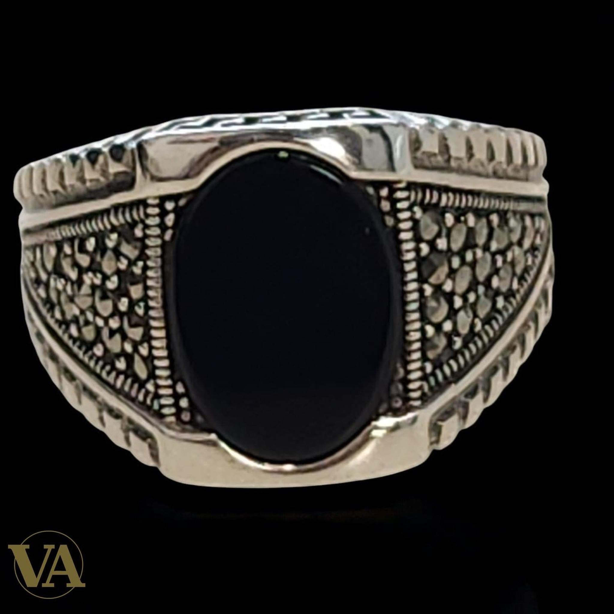 Bague homme argent 925 onyx noir et marcassites | Bijoux Vindicta